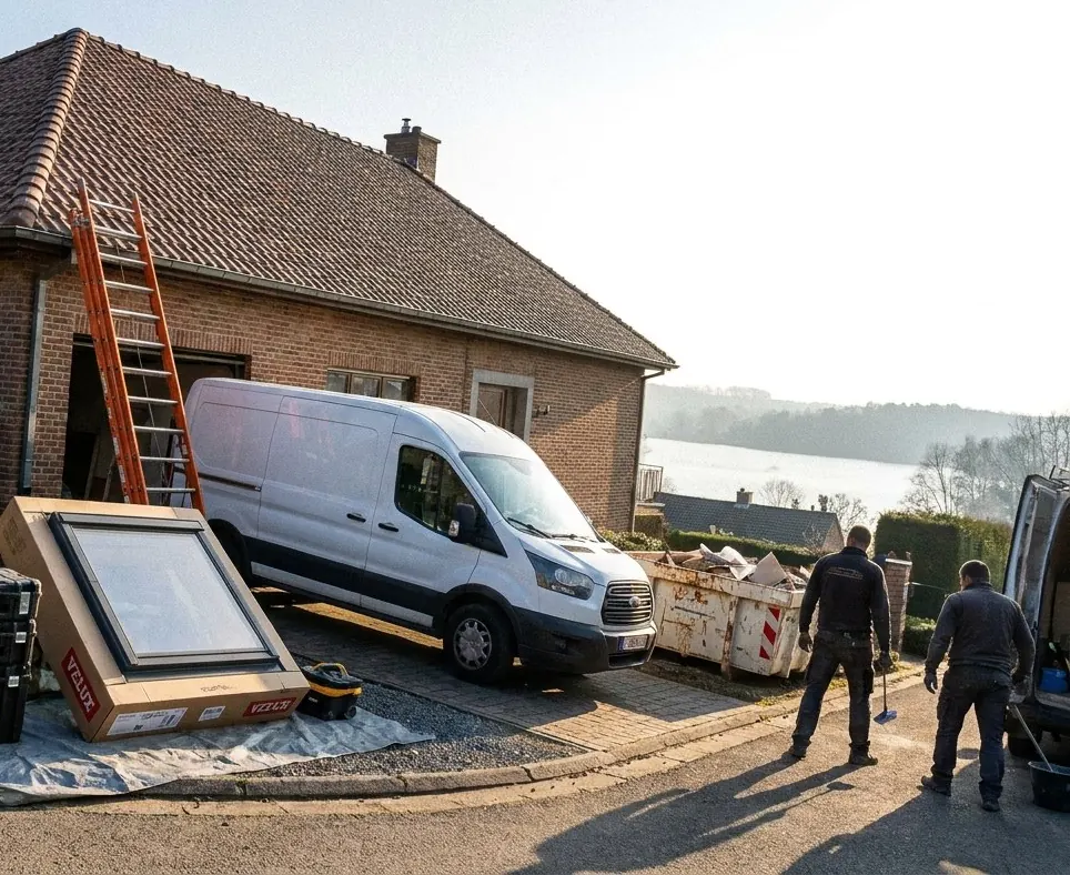 Fenêtre de toit emballée devant une maison en briques, utilitaire, échelle et vue sur le lac