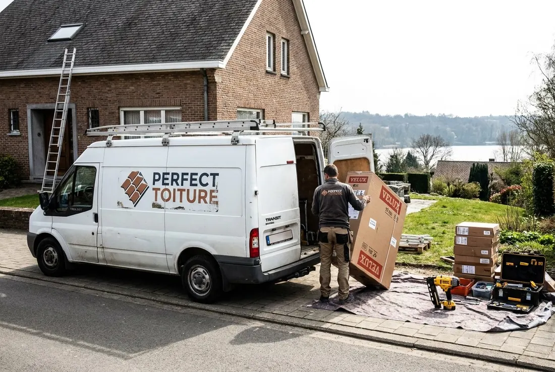 Utilitaire blanc Perfect Toiture, couvreur et fenêtre de toit emballée
